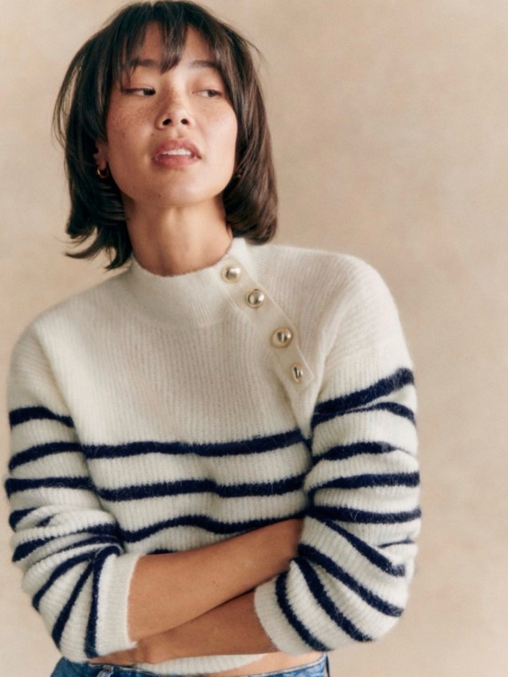 NWOT 🇫🇷 Sézane Trudy Jumper Striped Navy & Creamy White Mohair Sweater - Picture 3 of 12